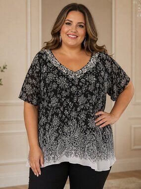 🖤 Dressbarn Black & White Beaded V‑Neck Floral Blouse – Size 3X
